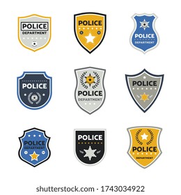 Cartoon police badge set isolated on white background, shield shaped emblem collection for law enforcement officers with star symbol. Vector illustration.