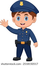 cartoon police boy waving on white background