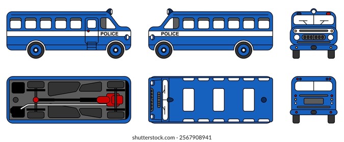 Cartoon Police Bus Design. City Transport Illustration. Left,Right,Front,Rear,Side Views with Police text. Vector illustration.