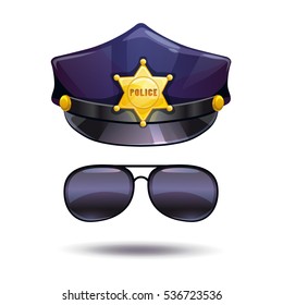 Cartoon police cap with golden badge and cops sunglasses. Vector illustration. Isolated on white.