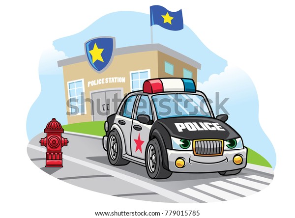 cartoon police car\
in front of police\
office