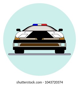 Cartoon police car front view vector illustration. Black and white vehicle with rooftop flashing lights and siren. Policeman patrol car icon blue background isolated. Profession guard safety concept
