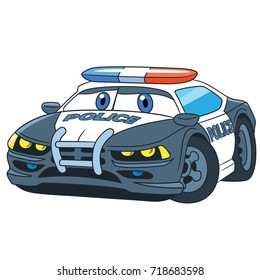 Cartoon police car, isolated on white background. Colorful book page design for kids and children.