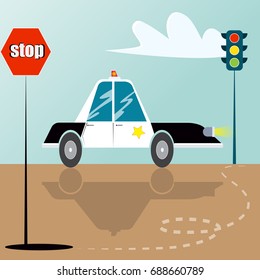 Cartoon police car on a road with stop sign and traffic light. Vector illustration