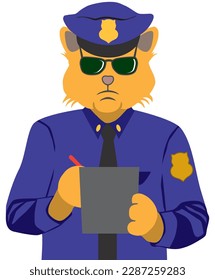 A cartoon police cat is writing out a ticket