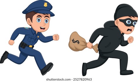 Cartoon police chasing a thief with money