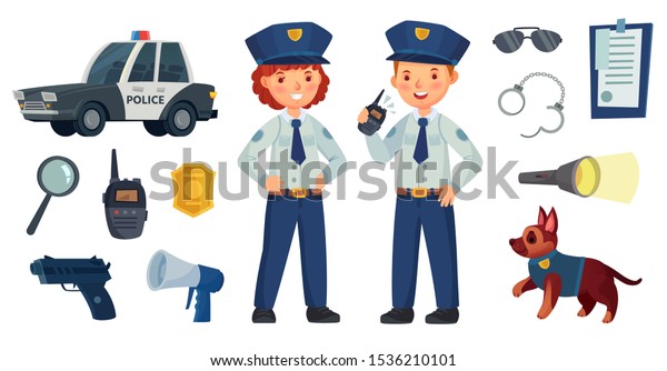 警察の漫画の子ども パトロールスーツを着た小さな男の子と女の子 パトカーと犬 銃 ラジオ 警察のバッジ 子どものキャラクタープレーセキュリティー 警察官 の仕事 ベクターイラストアイコンセット のベクター画像素材 ロイヤリティフリー