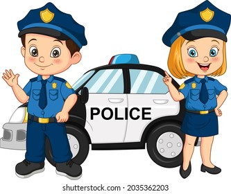 Cartoon police kids standing near the police car