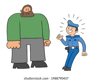 Cartoon Police Man Afraid Of The Big Man, Vector Illustration. Black Outlined And Colored.