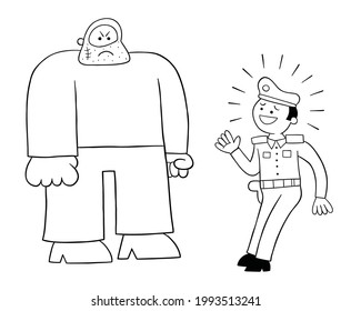 Cartoon Police Man Afraid Of The Big Man, Vector Illustration. Black Outlined And White Colored.