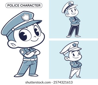 A cartoon police officer with a blue hat and a blue shirt