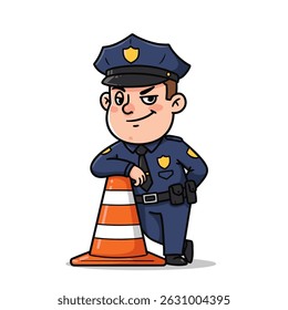 Cartoon police officer in blue uniform leaning confidently on a traffic cone.