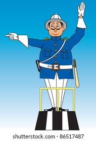 Cartoon of police officer commanding traffic