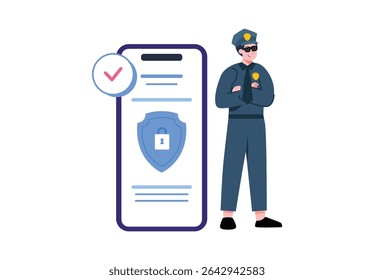 Cartoon police officer in navy uniform standing confidently next to mobile phone displaying secure shield icon, conveying safety and data protection, great for security and technology concepts.