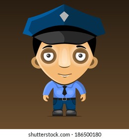 Cartoon Police Officer on Dark Background. Vector