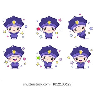 Cartoon police officer in professional uniform. Little policeman in different situations. Kawaii stickers collection. Vector EPS8