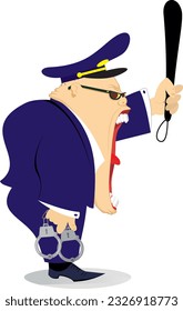 Cartoon police officer.
Shouting policeman with truncheon and handcuff
