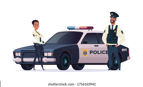 Cartoon police officers man and woman team. Public safety officers with police car. Guardians of law and order.