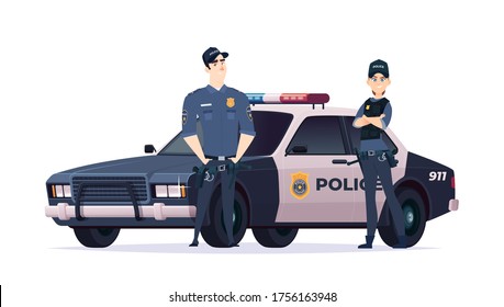 Cartoon police officers man and woman team. Public safety officers with police car. Guardians of law and order.