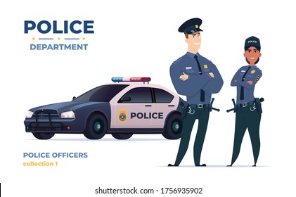 Cartoon police officers man and woman team. Public safety officers with police car. Guardians of law and order.