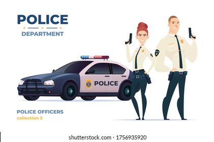 Cartoon police officers man and woman team. Public safety officers with police car. Guardians of law and order.