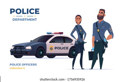 Cartoon police officers man and woman team. Public safety officers with police car. Guardians of law and order.