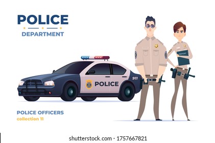 Cartoon police officers man and woman team. Public safety officers with police car. Guardians of law and order.
