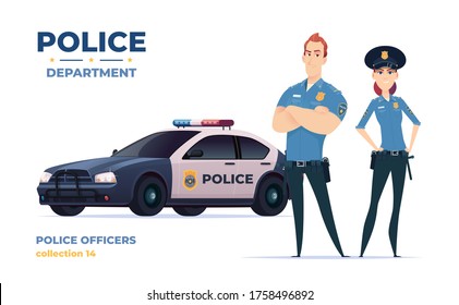 Cartoon police officers man and woman team. Public safety officers with police car. Guardians of law and order.