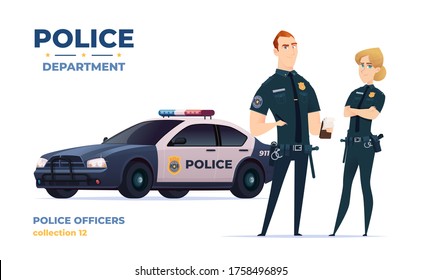 Cartoon Police Officers Man And Woman Team. Public Safety Officers With Police Car. Guardians Of Law And Order.