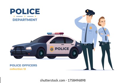 Cartoon police officers man and woman team. Public safety officers with police car. Guardians of law and order.