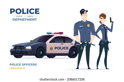 Cartoon police officers man and woman team with police car.