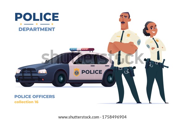 Cartoon police\
officers man and woman team. Public safety officers with police\
car. Guardians of law and\
order.