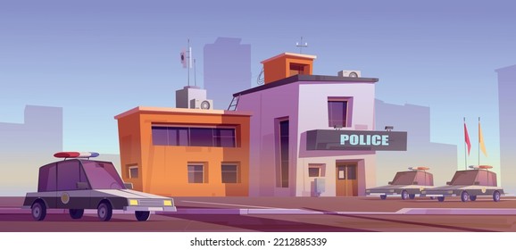 Cartoon police station building with patrol cars. Vector illustration of police department office and cityscape silhouettes on background. Law enforcemen and public order protection. Security guard svg