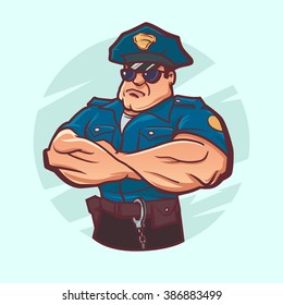 cartoon policeman, bodybuilder, officer, funny cartoon character, vector illustration