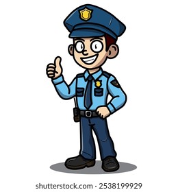 Cartoon policeman character giving a thumbs up, dressed in a blue uniform with a cap and badge, expressing friendliness and trustworthiness. Perfect for safety, law enforcement, and community themes.