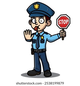 Personagem de policial de desenhos animados segurando uma placa de pare e levantando a mão, sinalizando para parar. Vestido em um uniforme azul com um crachá e boné, transmitindo autoridade e atenção. Ideal para temas de segurança.