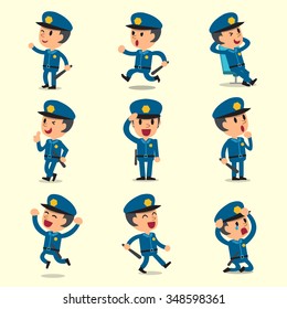 Cartoon policeman character poses on yellow background