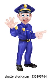 Cartoon policeman character waving and pointing or doing a stop gesture to draw attention to something he is pointing at 