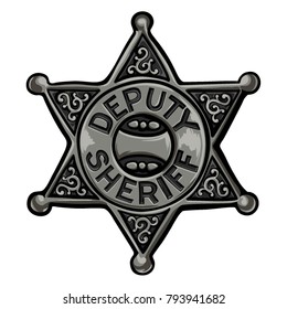 Cartoon policeman emblem vector illustration. Old sheriff badge.