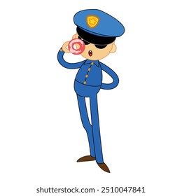 Cartoon policial desfrutando de uma rosquinha enquanto está de pé com a mão no quadril