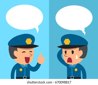 Cartoon policeman expressing different emotions with speech bubbles