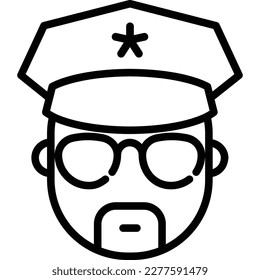 Cartoon policeman in glasses and cap thin line icon. Modern vector illustration.