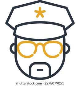 Policía de dibujos animados con gafas y un icono de la línea delgada. Ilustración vectorial moderna.