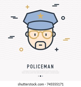 Cartoon policeman in glasses and cap thin line icon. Modern vector illustration.
