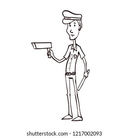 Cartoon policeman with hand-held radar. Hand drawn cartoon vector illustration.
