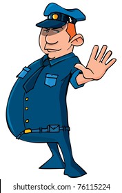 Cartoon policeman holding up his hand. Isolated on white