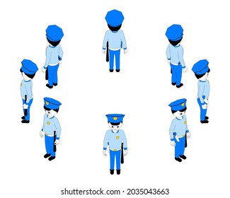 Cartoon policeman in isometric view from different angles. An armed police officer created in a retro style with a limited color palette.