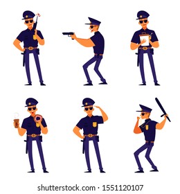 Cartoon policeman pose set - isolated man in police uniform during duty - writing a ticket, speaking on radio, pointing a gun, eating a donut, whistling. Flat vector illustration.