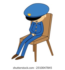 Cartoon policial com uma expressão triste sentado em uma cadeira