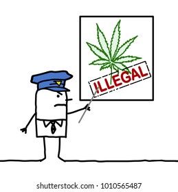 Cartoon Policeman Showing a Cannabis Leaf